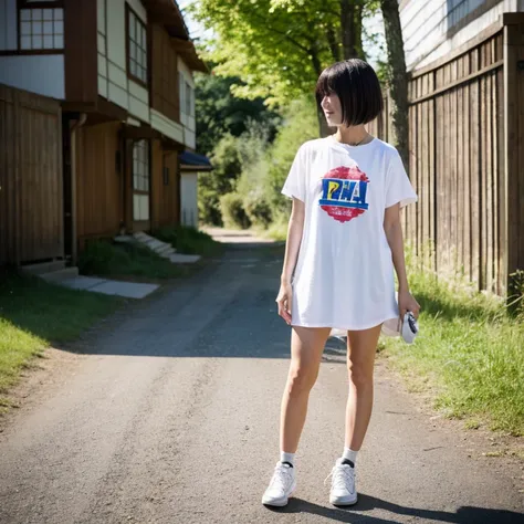 A Japanese Lady, look at viewr, ((very Short hair)), ((skinny:1.3)), 27-years old . day, Outdoors, Post-apocalypse, Ruins,, full body, ((see-through white t-shirt)),