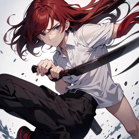 A 16-year-old white boy with black eyes and shoulder-length red hair. He wears a white polo shirt, black pants, and black shoes, and has a determined expression while wielding a sword with a white and gleaming blade.