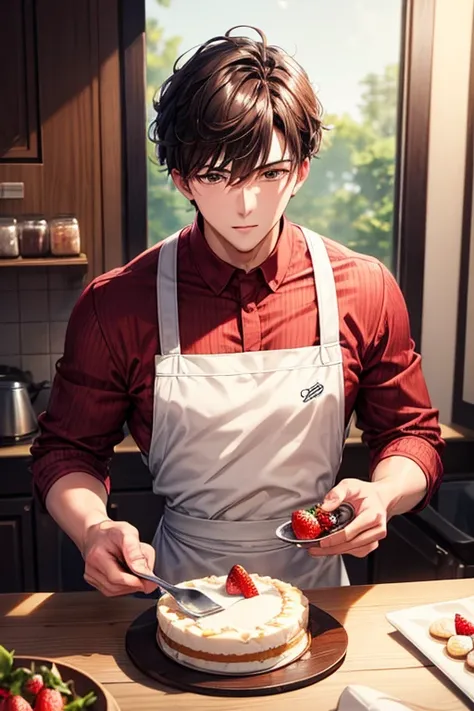 a handsome guy、Pastry chef man、kitchen、brown short hair、brown eyes、long sleeve、making strawberry cake、High resolution、In 8K、sharp focus、zoom、with the best image quality、highest quality