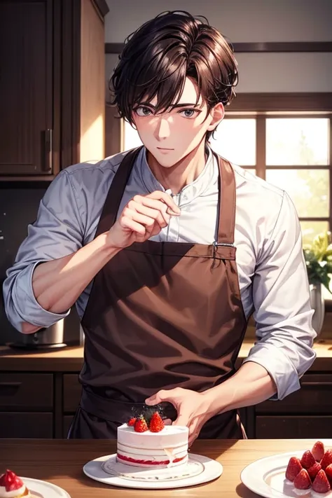 a handsome guy、pastry chef man、kitchen、brown short hair、brown eyes、long sleeve、chef、making strawberry cake、high resolution、in 8k...