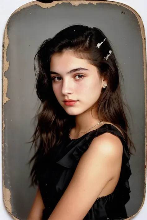 (19 year old), (portrait), (from 1990), (vintage damaged picture), (Russian-mexican mixed) (sharp grey eyes), (sharp lips), (no makeup), (black messy hair), (Photogenic expression), (ultra realistic), (black fully covered dress)