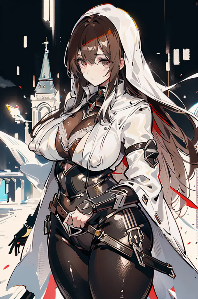 moe anime illustration、high resolution、steampunk、female assassin、brown hair、white robes、black latex bodysuit、assassins creed syn...