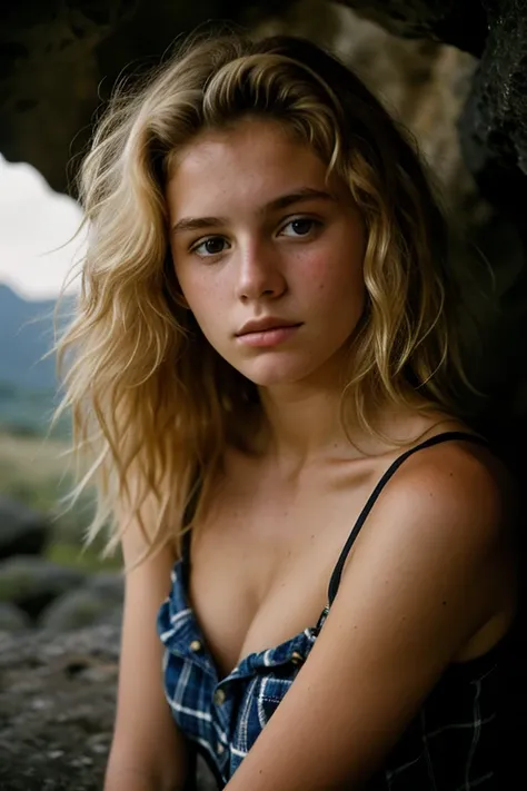 photograph of a 16yo blondr girl, (troubled facial expression), textured skin, goosebumps, blonde afro hair, plaid flannel shirt with distressed boyfriend jeans, cowboy shot, dark and mysterious cave with unique rock formations and hidden wonders, perfect ...