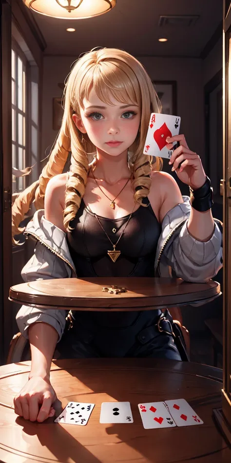 highly detailed, high quality, masterpiece, beautiful, playingcards, 1slave girl, solo, holding, card, table, holding card, sitt...