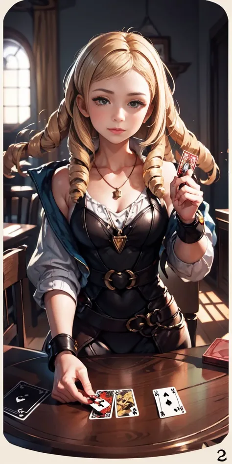 Highly detailed, High Quality, Masterpiece, beautiful, PlayingCards, 1slave girl, solo, holding, card, table, holding card, sitting, indoors, playing card, pov across table, closed mouth, looking at viewer, Forrest, Blonde hair, jacket on shoulders, neckla...