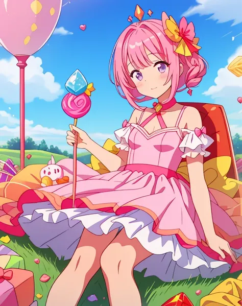 scepter, lots of candies, lollipops, candiescanes, rainbow, candies, (a field of candies), 1 girl, sugar queen, pink dress, a sc...