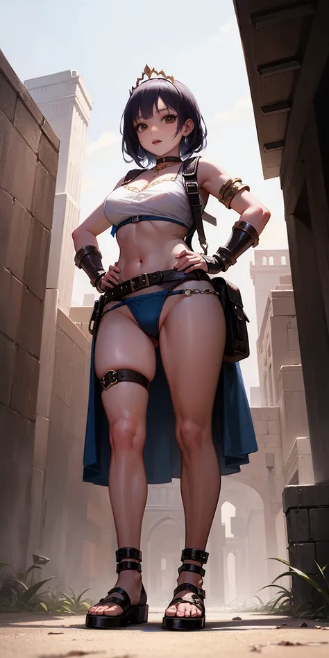 full body, whole body. 1solo (girl). slave fighter, loincloth standing, hands on hips full body, whole body. 1solo (girl). slave fighter, loincloth standing, hands on hips, metal sandals, backpack, choker, big belt, view from below, feet together, bracers,...