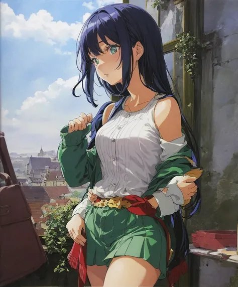 A beautiful girl with dark blue hair and green clothes stands with a sad expression on her face.。