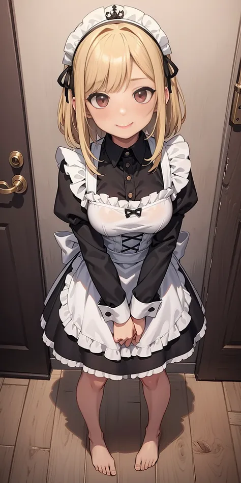 1girl, cute, ((Short black hair girl and long blonde hair girl)), maid victorian, maid apron, straight face, dazed, Body position: Standing, straight, symmetrical, barefoot, Lustful smile on face with red blush,
