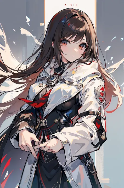 Moe anime illustration、high resolution、female bitch assassin、brown hair、white robes、Black Latex Bodysuit、assassins creed syndicate、London during the Industrial Revolution、close-up of a person、nipple