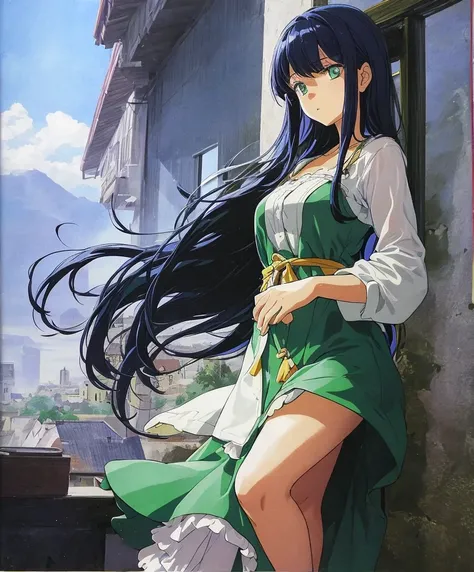 A beautiful foreign girl with long dark blue hair is standing in a green dress-like outfit with a sad expression on her face.。