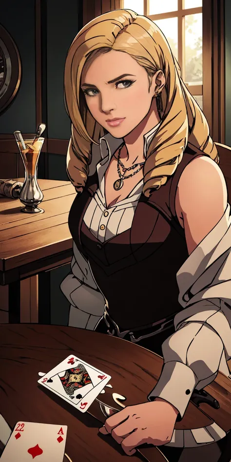 Highly detailed, High Quality, Masterpiece, beautiful, PlayingCards, 1slave girl, solo, holding, card, table, holding card, sitting, indoors, playing card, pov across table, closed mouth, looking at viewer, Forrest, Blonde hair, jacket on shoulders, neckla...