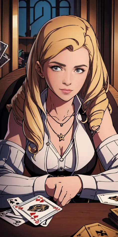 Highly detailed, High Quality, Masterpiece, beautiful, PlayingCards, 1slave girl, solo, holding, card, table, holding card, sitting, indoors, playing card, pov across table, closed mouth, looking at viewer, Forrest, Blonde hair, jacket on shoulders, neckla...