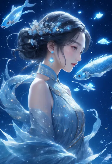 Twelve constellations, Pisces, ancient Chinese girl, face close-up, water surface, elegance,fish, ocean, royal, glitter, noble, sacred, blue background, linear, realistic, two-dimensional,starry sky, mysterious, centered shape structure diagram, Exquisite,...