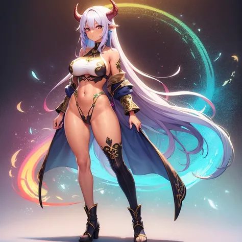 a girl with long rainbow colored hair and tan skin, standing, intricate details, perfect face, full breasts, vagina, 1 girl, full body, demon-slayer uniform,