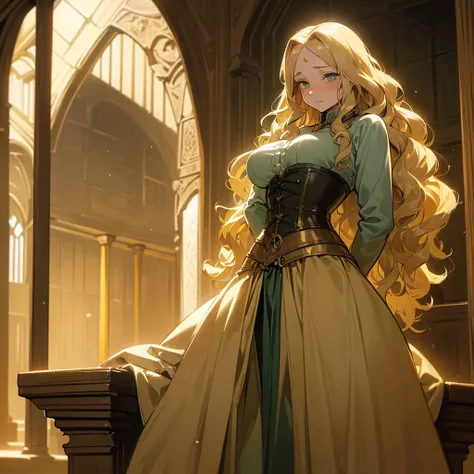 (((Alone))),(((Mature Woman))),(((Green eyes with golden pigmentation))),(((Long wavy blonde hair))),(((A Shy expression))), (((Light Skin))),(((Wearing medieval clothes))),(((Wearing corset)))