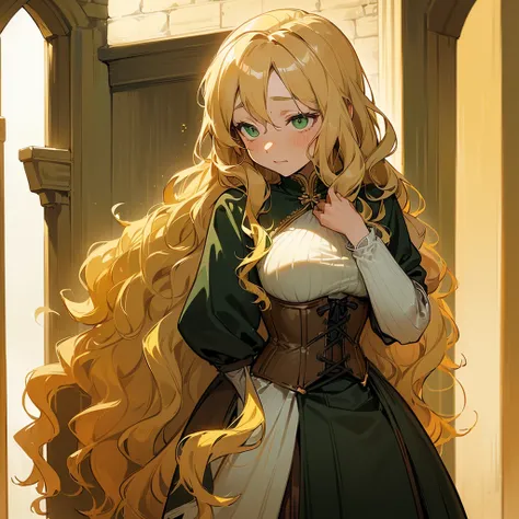 (((Alone))),(((Mature Woman))),(((Green eyes with golden pigmentation))),(((Long wavy blonde hair))),(((A Shy expression))), (((Light Skin))),(((Wearing medieval clothes))),(((Wearing corset)))