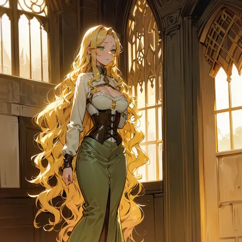 (((Alone))),(((Mature Woman))),(((Green eyes with golden pigmentation))),(((Long wavy blonde hair))),(((A Shy expression))), (((Light Skin))),(((Wearing medieval clothes))),(((Wearing corset))),(((Medium chest and slim waist)))