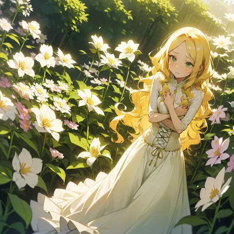 (((Being alone in a flower garden))),(((Mature Woman))),(((Green eyes with golden pigmentation))),(((Long wavy blonde hair))),(((A Shy expression))),(((Light Skin))),(((Wearing a long white dress))),(((Wearing a corset))),(((Medium chest and thin waist)))