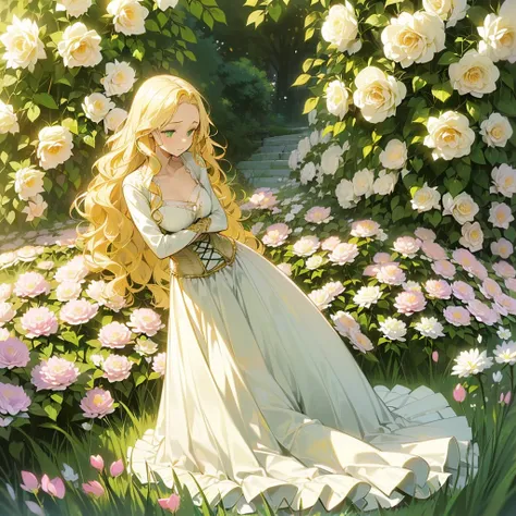 (((Being alone in a flower garden))),(((Mature Woman))),(((Green eyes with golden pigmentation))),(((Long wavy blonde hair))),(((A Shy expression))),(((Light Skin))),(((Wearing a long white dress))),(((Wearing a corset))),(((Big chest and thin waist)))