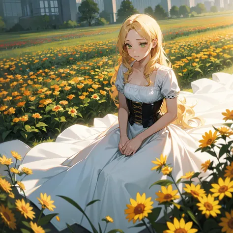 (((Being alone in a flower garden))),(((Mature Woman))),(((Green eyes with golden pigmentation))),(((Long wavy blonde hair))),(((A Shy expression))),(((Light Skin))),(((Wearing a long white dress))),(((Wearing a corset))),(((Medium chest and thin waist)))