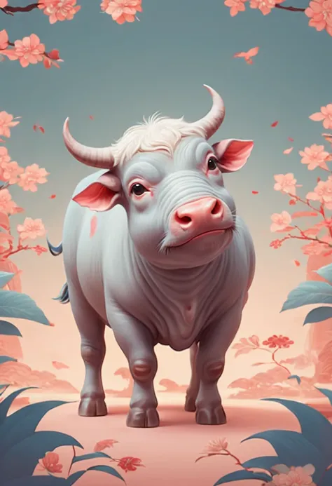 Chinese new year style, A cute water buffalo, intricate, Soft Color palette, (best quality, masterpiece, Representative work, official art, Professional, unity 8k wallpaper:1.3)