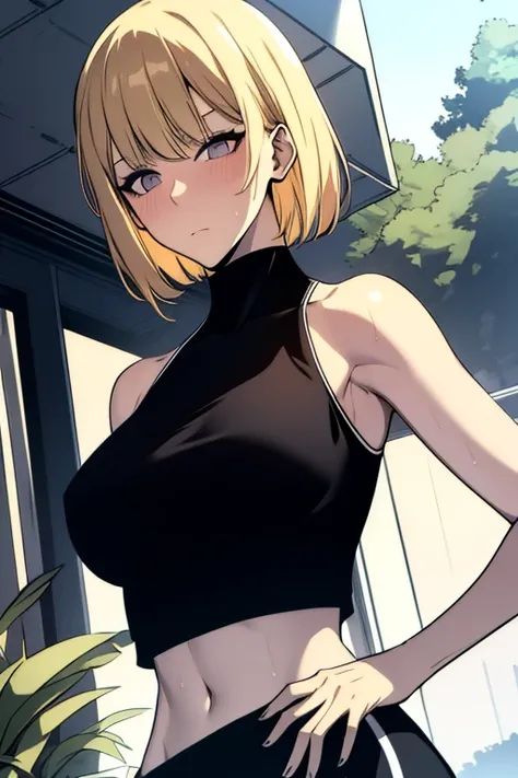 ((masterpiece:1.2, best quality)), 1girl, short hair, blonde hair, upper body, looking at viewer, pants, plants, daytime, korean streetwear, running, exhausted, exhausted expression, sweaty, outside, by the river, casual style, cyberpunk style, (black crop...