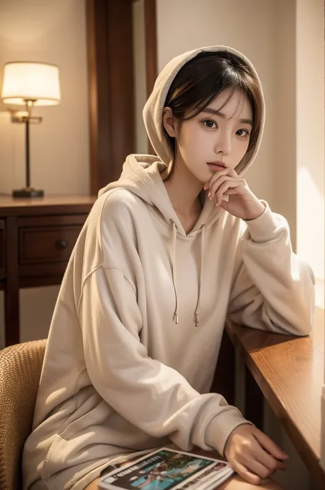 Woman sitting at table drinking coffee、ゴージャスな若いkorean woman、美しいkorean woman、美しい若いkorean woman、gorgeous chinese model、korean woman、beautiful asian girl、short hair、young adorable korean face、wearing a hoodie、8K selfie photo、korean woman、There is a young cute...