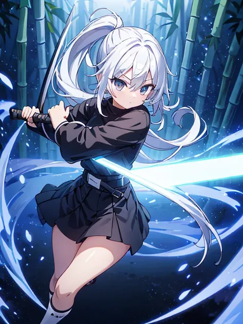 1 girl stance unsheathing her blade and light illuminating through the tip of the blade,white haired wearing black Loose O-neck sweat-shirt and wearing black skirt and wearing black colour socks, background Bamboo forest 