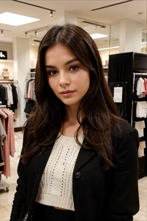 Elegant brunette with Chanel hair is in the clothing store shopping