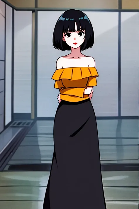 A Female with short black hair, bob cut, black eyes, Red lips, flamenco dress, orange ruffle off the shoulder top, black maxi skirt, bare shoulders, standing in a indoor room in style of digital illustration, anime, 1 girl, solo, close up, looking at viewe...