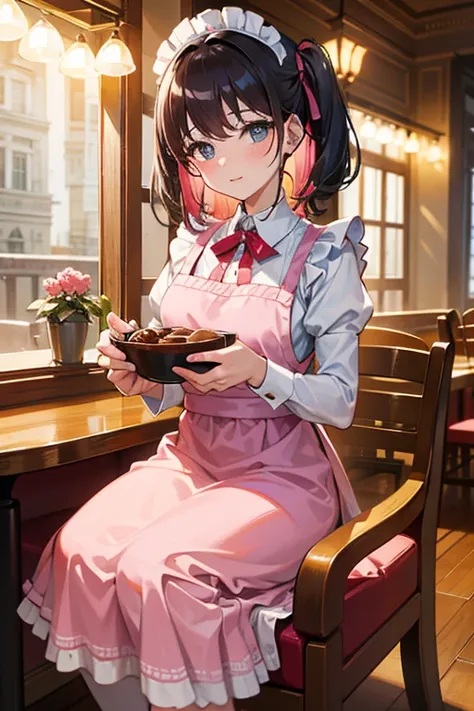 Full of vibrant energy and bursting with movement, this high resolution image captures the charming ambiance of a café, bathed in hues of pink. In the heart of the scene, a maid clad in a traditional maid costume is lovingly offering you a box of Valentine...