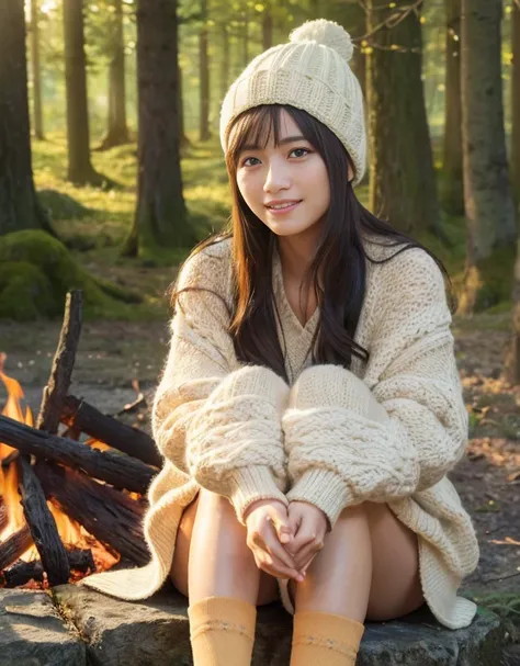 （(キャンプでのbonfire)）、highest quality、masterpiece、Super high resolution、(Photoreal:1.4)、RAW photo、1 girl、Outdoor Fashion、glowing skin、Knitted hats、(beautiful forest background)、lanthanum、((Super realistic details))、Portrait、global illumination、Shadow、octane re...