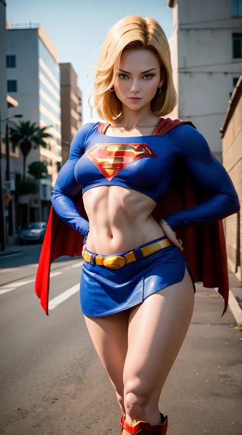 Android 18, ( foto corpo inteiro ), sexy, sensual, terno Supergirl, red cape, S do super man no peito, blue swimsuit, Red skirt, botas vermelhas, (decote), loira do cabelo curto, seios enormes, Athletic body, peitos grande muito sedutor, pose sedutora, sor...