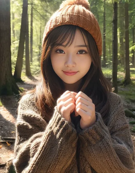 （(キャンプでのbonfire)）、highest quality、masterpiece、Super high resolution、(Photoreal:1.4)、RAW photo、1 girl、Outdoor Fashion、glowing skin、Knitted hats、(beautiful forest background)、((Super realistic details))、Portrait、global illumination、Shadow、octane rendering、8K...