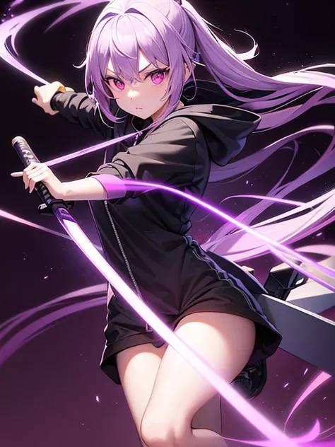 1 girl, stance unsheathing katana purple light illuminating through the tip of the blade, glowing vertical purple eyes, long white haired  
(Kanji logo black hoodie, black baggy cargo) background Bamboo astonishing place
