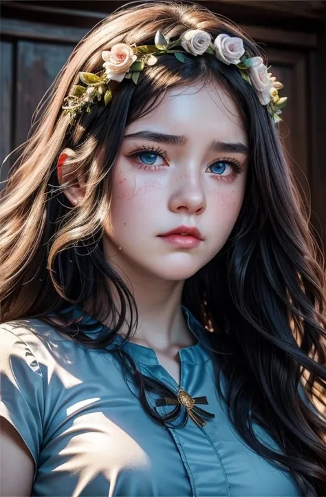 a village girl, russian, 17year old, pale skin, sky blue princess dress, jet black super long wavy hair, red think lips, big sky blue eyes, chubby arm, chunky body, very chubby big cheek, red cheek, lowered eyebrow,, freckles on cheeks, pointy nose, detail...