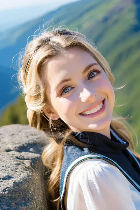 photo of woman on the top of the mountain Fuji, a great sightseeing in her back, dark blonde hair, big eyes, long eyelashes, smiling, photorealistic, sunlight, rocks