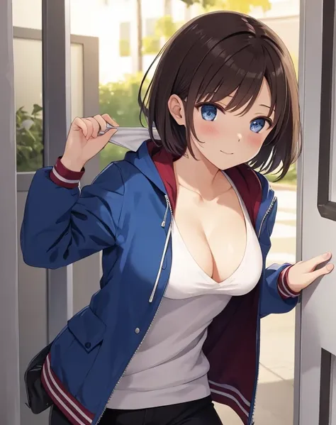 (((masterpiece))), Shizuka Mikazuki, 1 girl, alone, looking at the viewer, short hair, brown hair, long sleeve, cleavage, medium breasts, closed mouth, clavicle, Jacket, open clothes, open Jacket, blue Jacket, ground vehicle, play sports often, bicycle,