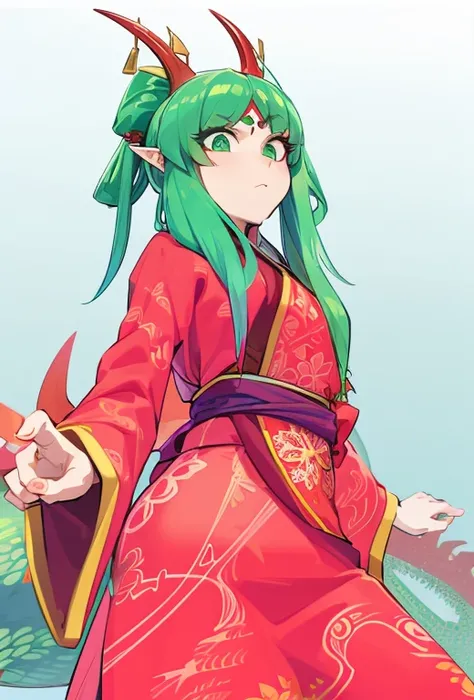 Girl with kimono red and dragon designs with green eyes and light green hair with gems on her forehead with elven ear and c cup breast tied her kimono with red and dragon in her with red bones and green scale