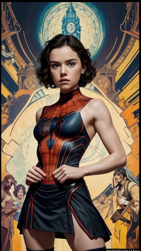 Daisy Ridley、Sticking out the navel、newyork、She wears a torn Spider-Man suit,wearing a skirt、abstract photorealistic、artistic、Alphonse Muchas painting(masterpiece、highest quality、High resolution:1.4)、detailed、複雑なdetailed、In 4K、color splash、line drawing、fib...