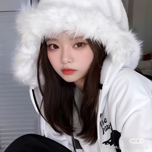 a close up of a woman wearing a Pelo brancory hat, Ulzzang, with fluffy white fur, pale, snow-white skin, Pelo branco, Menina coreana, linda mulher sul-coreana, dilraba dilmurat, adorable and pale korean face, linda jovem coreana, Orelhas de raposa branca,...