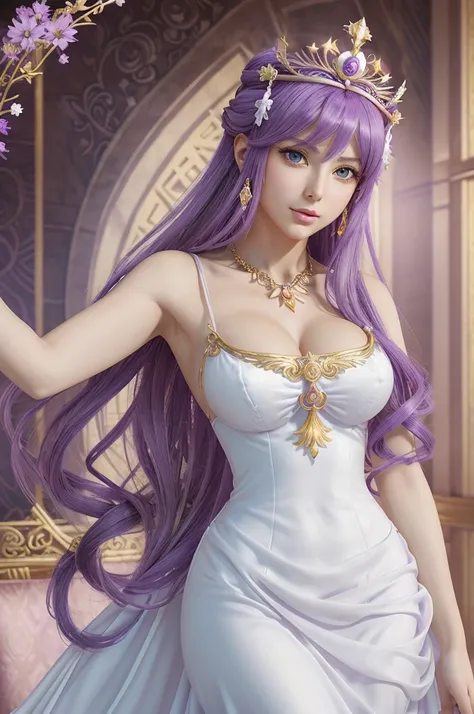 anime - style image of a woman in a white dress with purple hair, anime goddess, ((a beautiful fantasy empress)), lady palutena, portrait knights of zodiac girl, a beautiful fantasy empress, anime princess, cute anime waifu in a nice dress, portrait of meg...