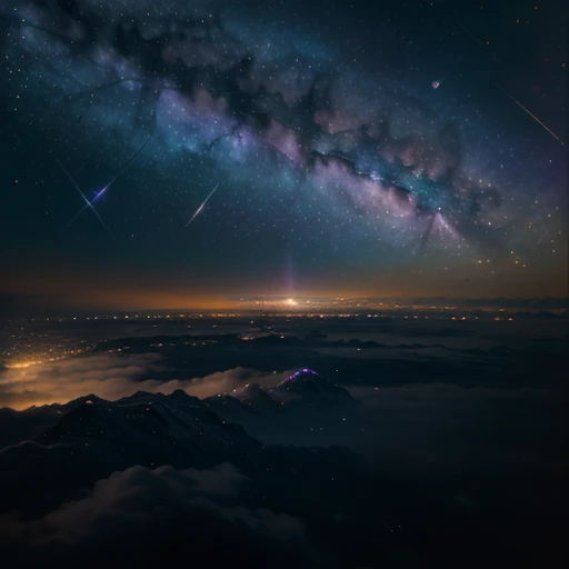 Ridiculous resolution, super high resolution, (epic:1.4), extrem detailed,, looking from above,  afloat，starrysky，​​clouds，meteors，Skysky, nebulas 