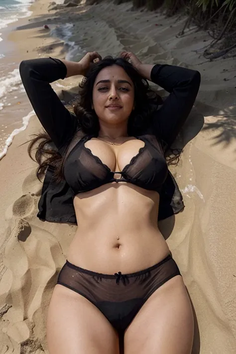 Anushka Shetty, curvy, British, 20s, transparent shirt and black panties, pussy hair, cleavage 5%, wide hip, at beach, happy, laying at beach on her back, top view, happy, smile