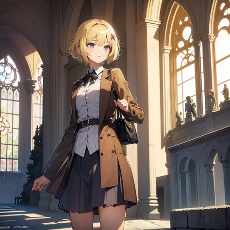 Masterpiece, solo, 1girl, overcoat, hair ornament, short skirt, short blonde hair, neuschwanstein castle