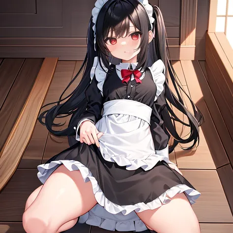 Black longhair loli, wearing a maid outfit, kneel down, Legs and five fingers, More meat, Cute 2D, backgroundbacklitHD  