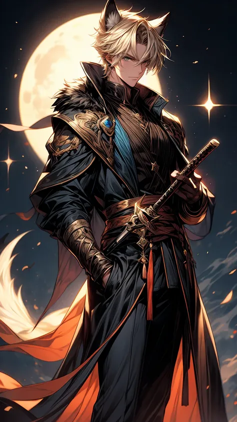 A handsome boy, close-up of a man holding a sword and a sword, blonde hair, a yellow triangle scarf around his neck, a black military uniform, shaggy fox ears (especially large), inspired by Yang Jin, moon-themed costume, astral witch costume, blue-gold pu...