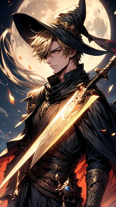 A handsome boy, close-up of a man holding a sword and a sword, blonde hair, a yellow triangle scarf around his neck, a black military uniform, shaggy fox ears (especially large), inspired by Yang Jin, moon-themed costume, astral witch costume, blue-gold pu...