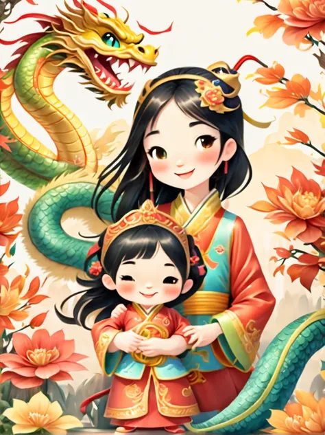 happy and festive scene，(A cute and lively 5-year-old Chinese princess)，long black hair, Dressed in gorgeous traditional Chinese costumes，((Hugging a furry little mythical Chinese dragon:1.5))，(Both slept peacefully:1.5)。Background set against festive deco...